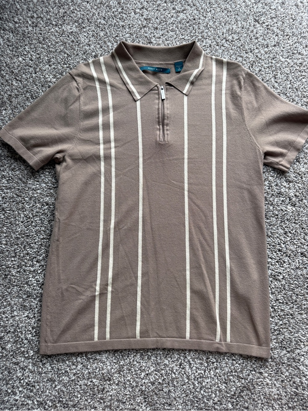 Perry Ellis Taupe Polo with Cream Vertical Stripes